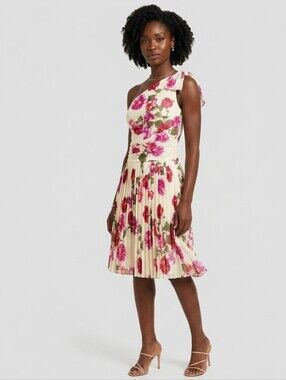 NWT Alberta Ferretti One-Shoulder Floral Pleated Dress - Cream with Pink